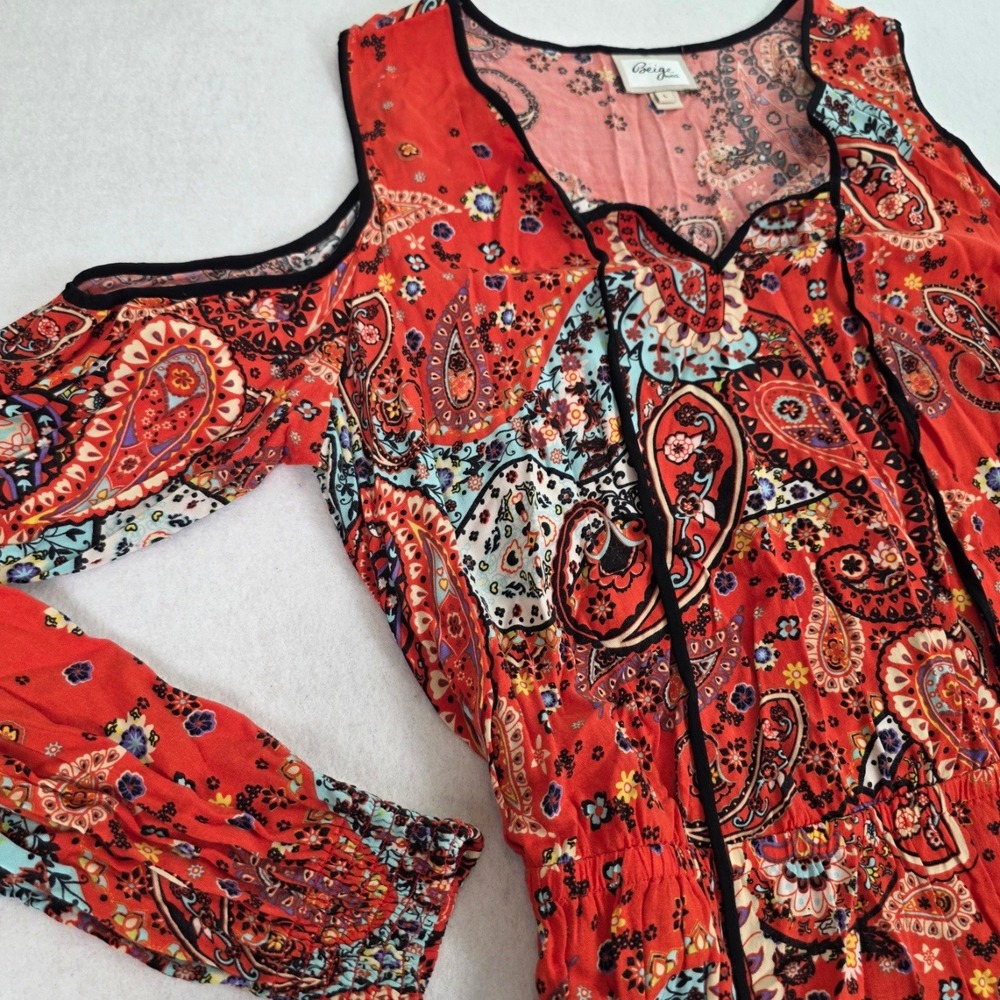 Beige by ECI Womens Large Cold Shoulder Dress Red Paisley Boho Tiered Peasant L
